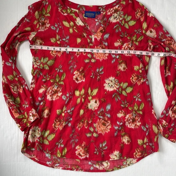 Pendleton Red Floral 100% Cotton Roll Tab Sleeve Blouse Top Cottagecore Medium - Picture 13 of 14